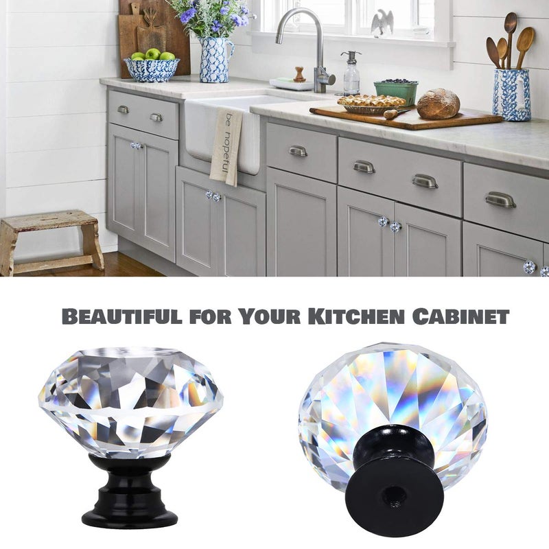 DEELF OUTLET 12 Packs Crystal Cabinet Knobs Drawer Pulls and Knobs Diamond Dresser Handles Crystal Pulls for Drawers - 30 mm Clear Glass Cabinet Knob with Black Base - Image 4